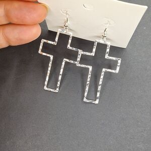 Silver hollowed cross earrings hammered style lightweight